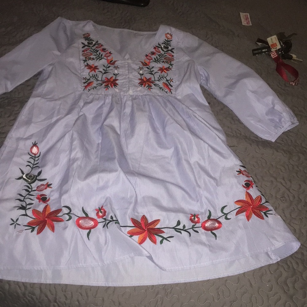 Blue Pinstripe embroidered floral address